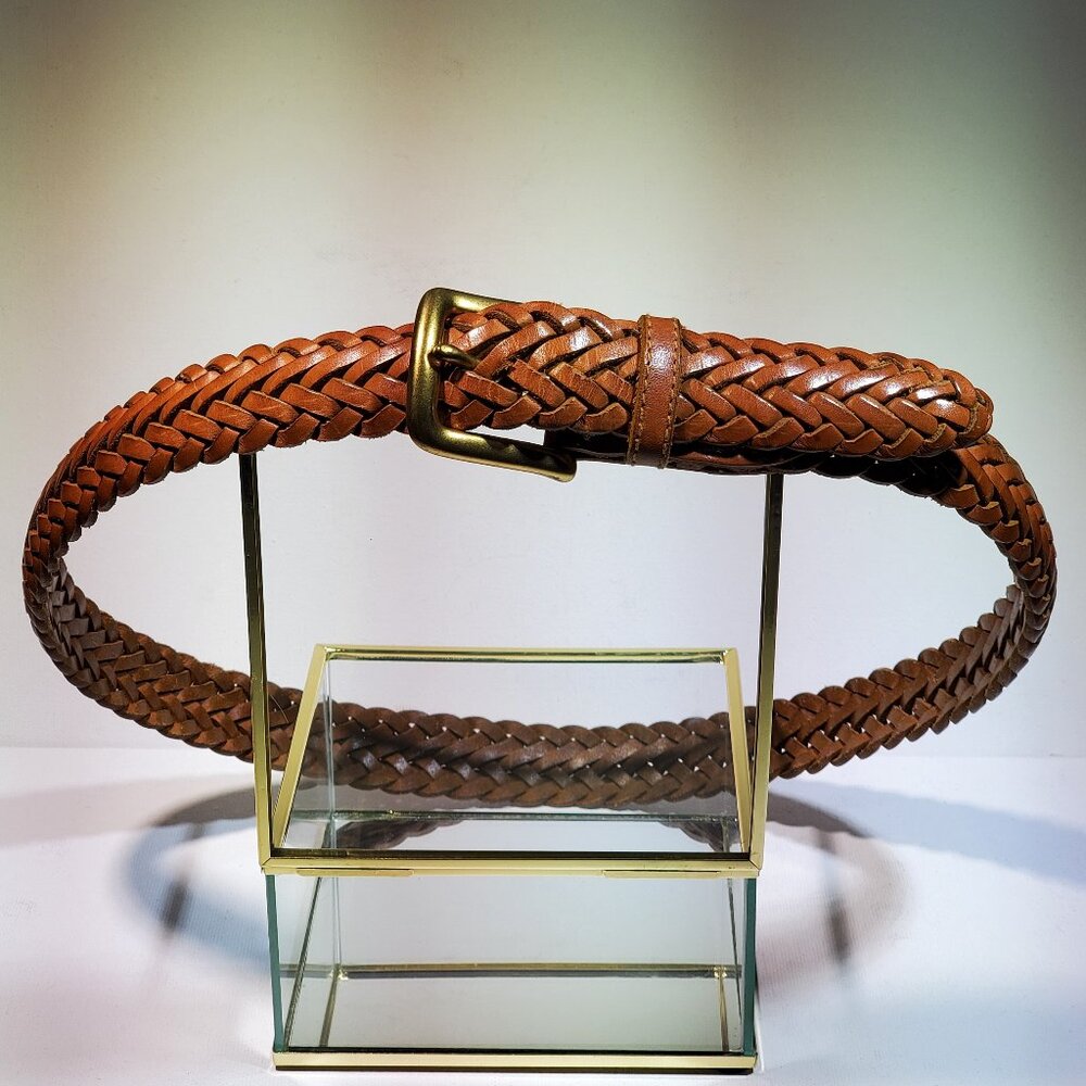 VINTAGE MENS SADDLE TAN HEAVY STRAND WOVEN LEATHER BELT WITH SOLID BRASS BUCKLE